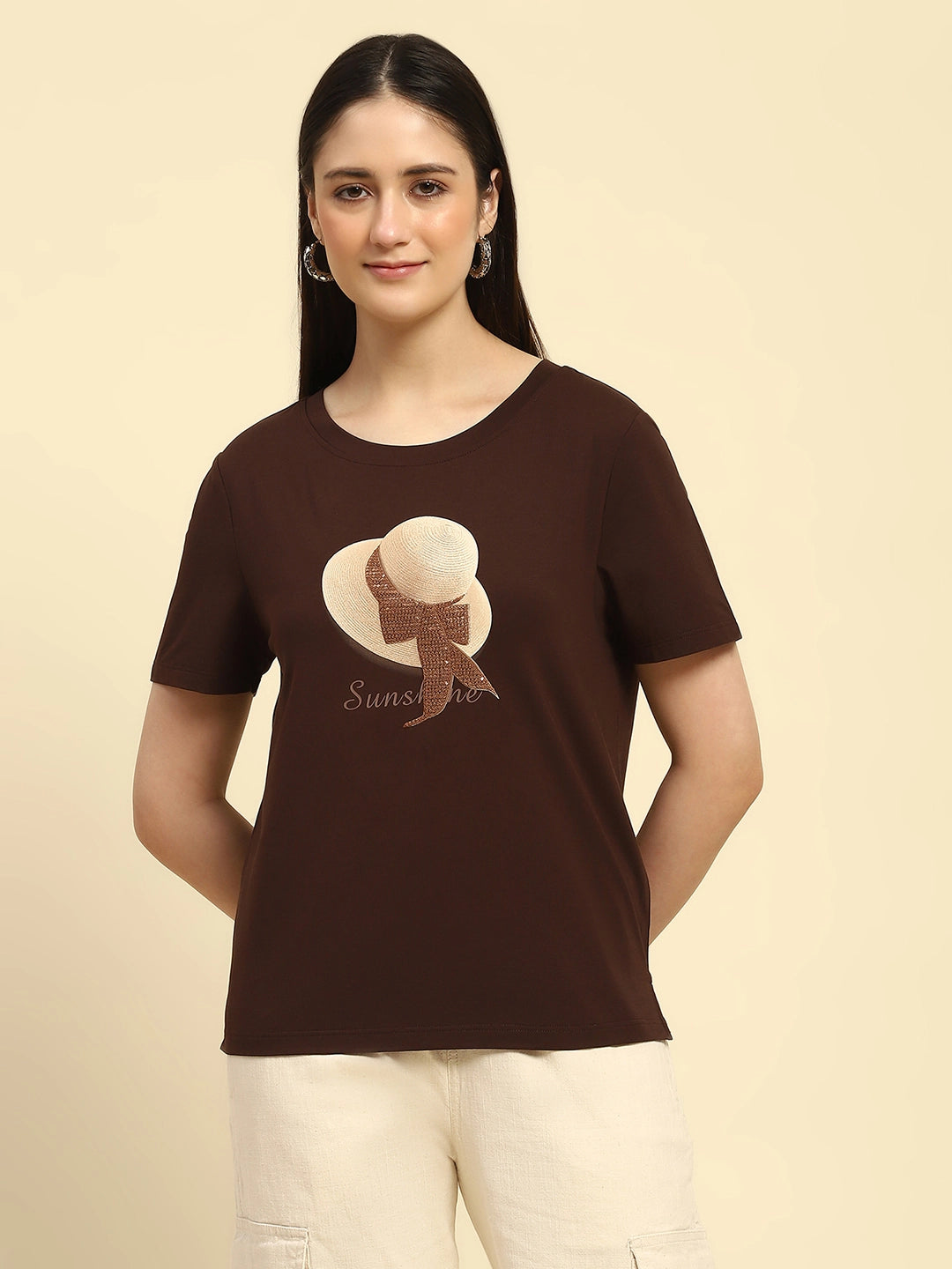 Brown Embroidered Modal Relaxed Fit Top - Global Republic