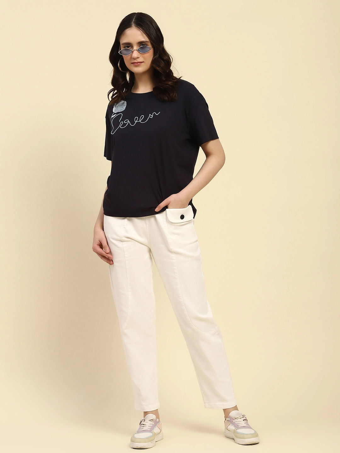 Navy Embroidered Modal Oversized Top - Global Republic