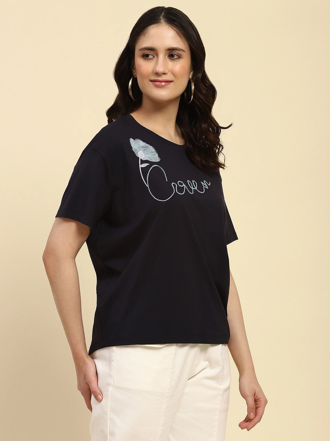Navy Embroidered Modal Oversized Top - Global Republic
