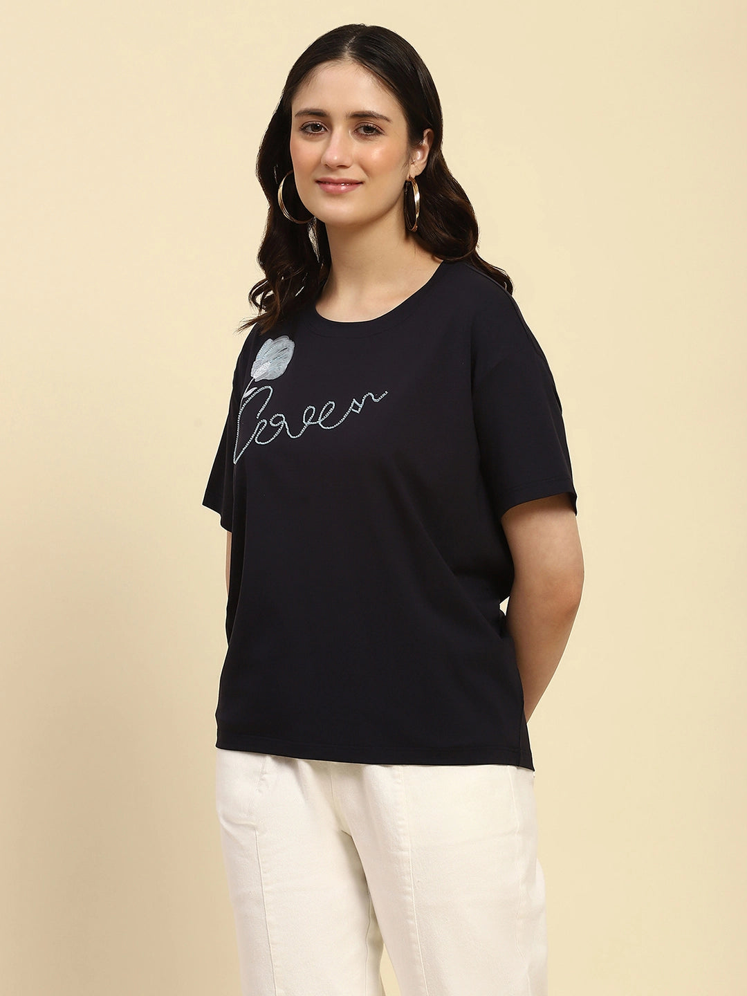 Navy Embroidered Modal Oversized Top - Global Republic