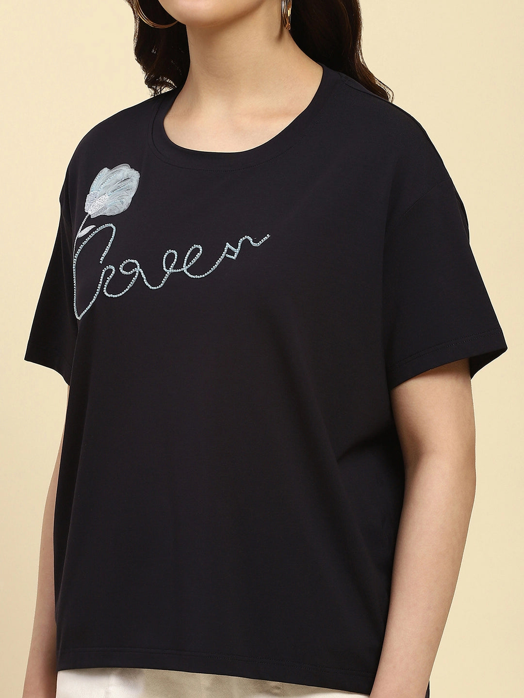 Navy Embroidered Modal Oversized Top - Global Republic