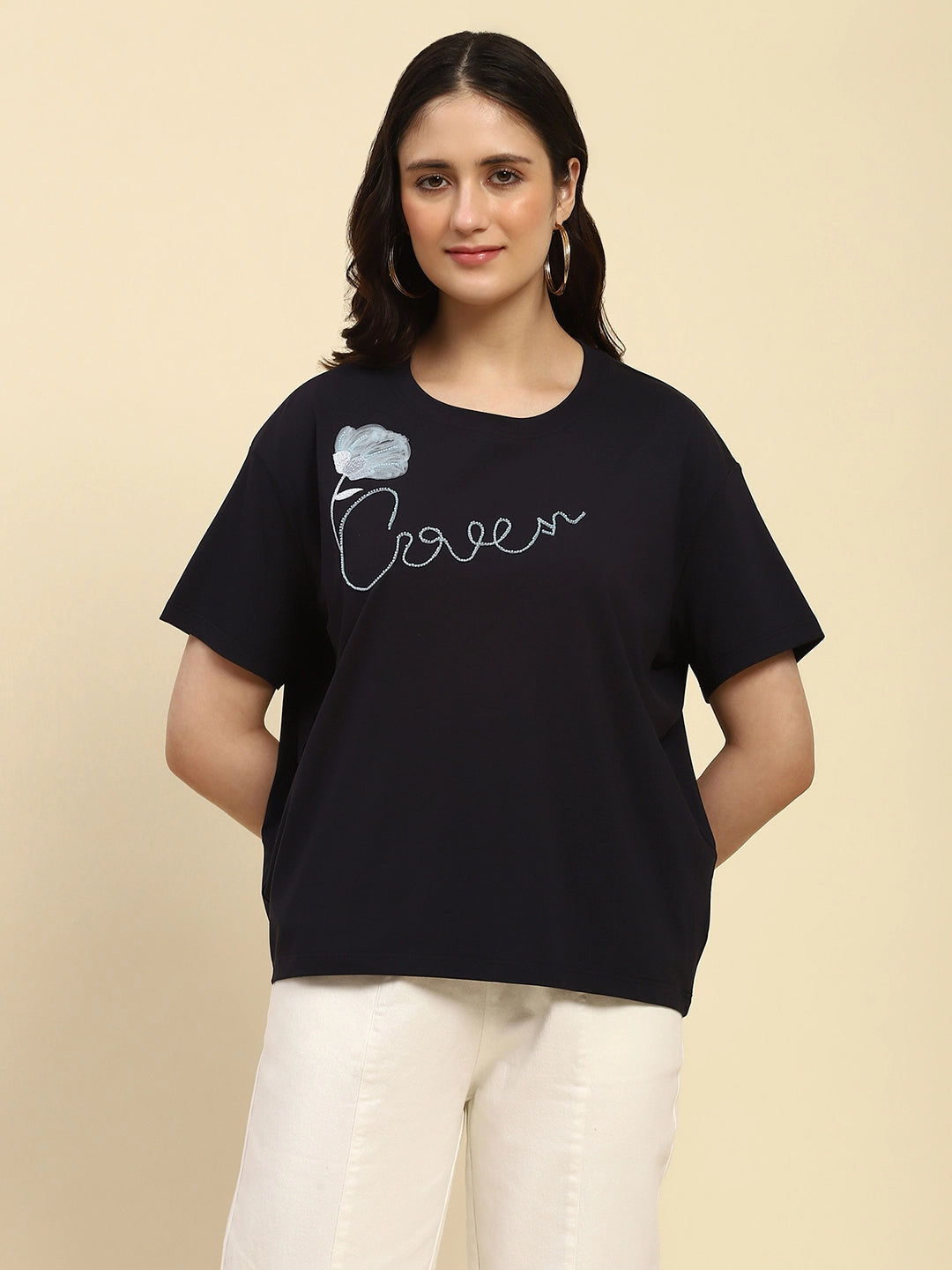 Navy Embroidered Modal Oversized Top - Global Republic