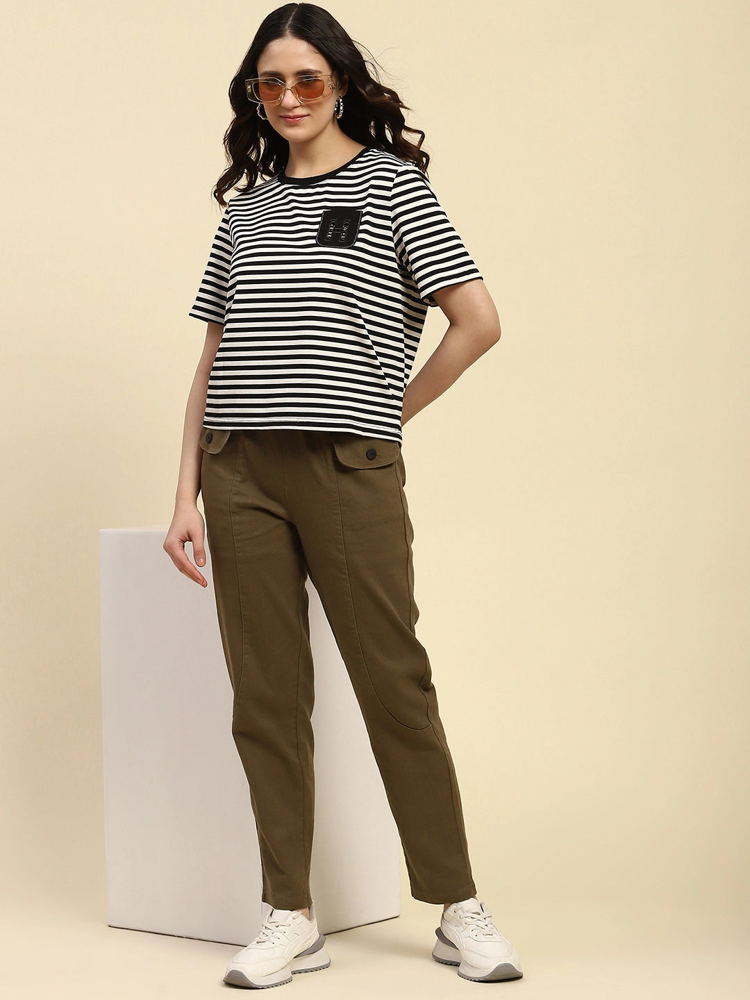 Black Striped Cotton Blend Boxy Fit Top - Global Republic