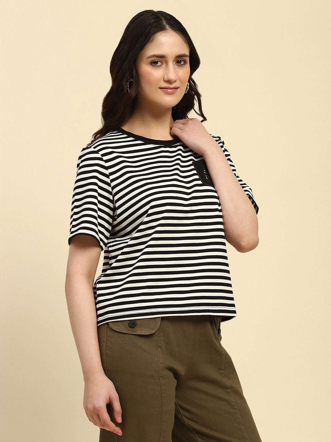 Black Striped Cotton Blend Boxy Fit Top - Global Republic