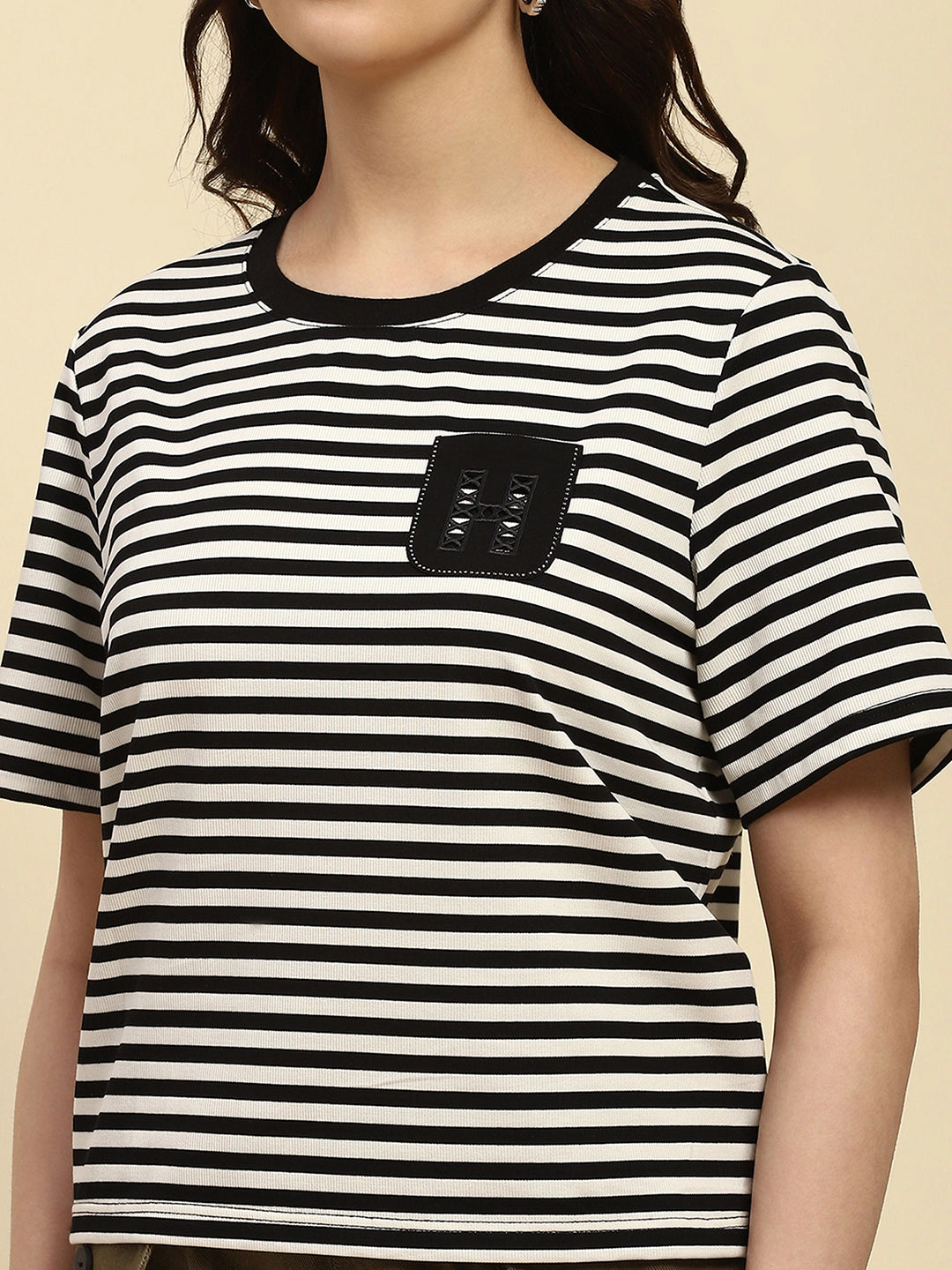 Black Striped Cotton Blend Boxy Fit Top - Global Republic