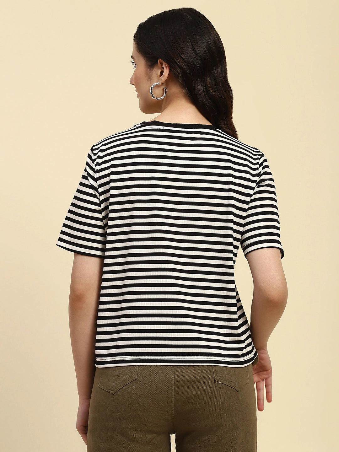 Black Striped Cotton Blend Boxy Fit Top - Global Republic
