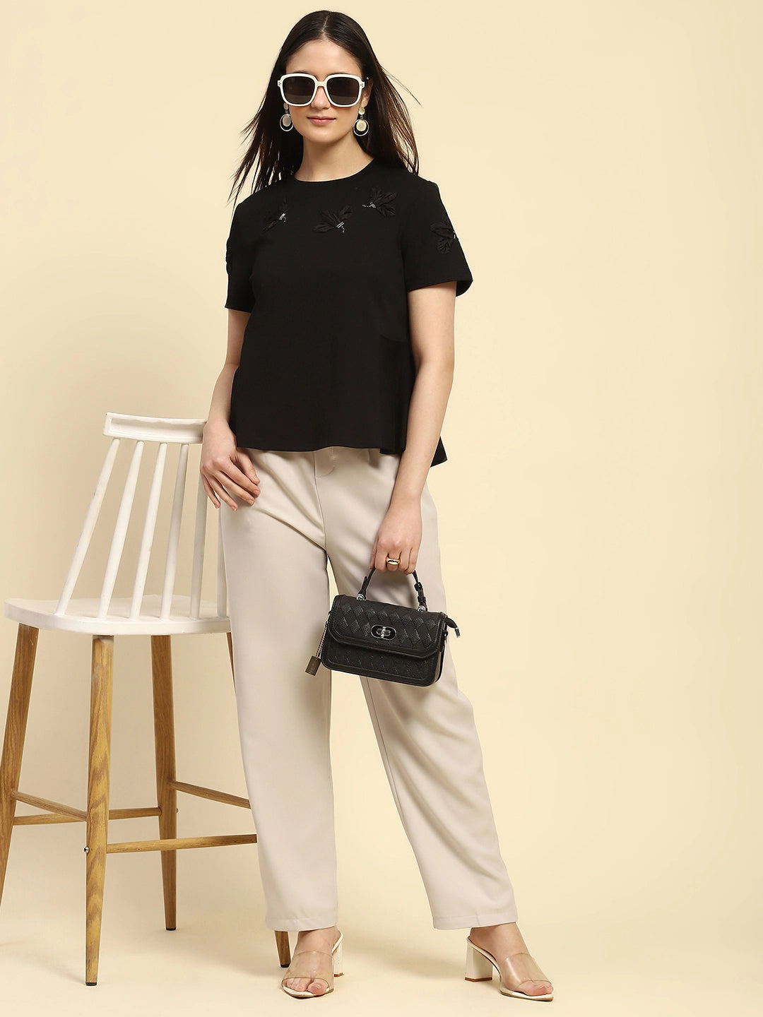 Black Applique UV Protection Top - Global Republic