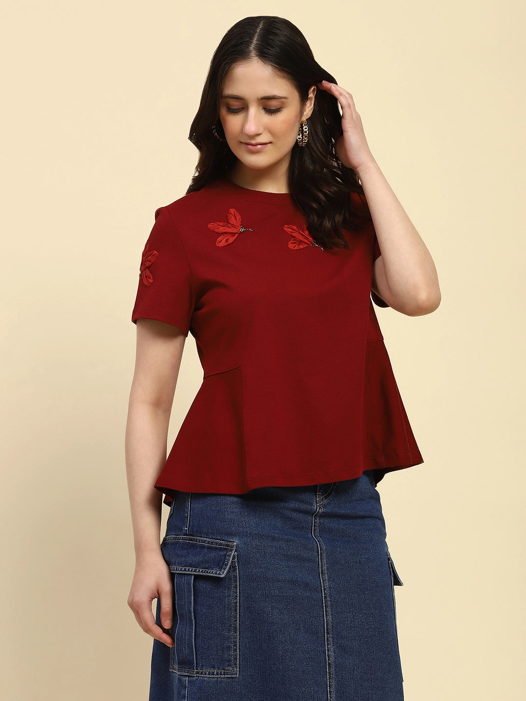 Maroon Applique UV Protection Top - Global Republic