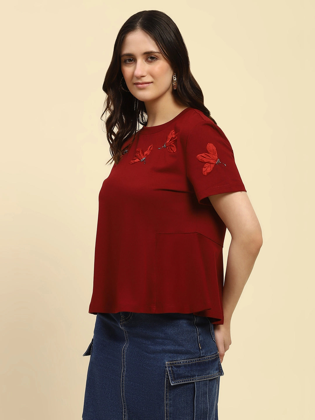 Maroon Applique UV Protection Top - Global Republic