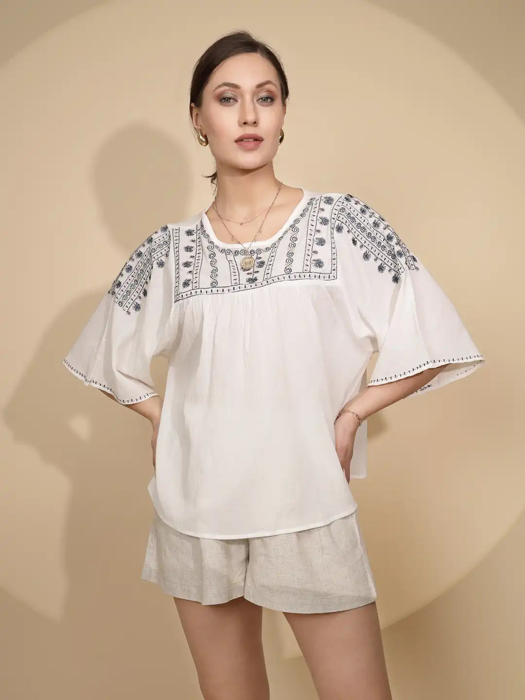 White Embroidered Cotton Loose Top - Global Republic