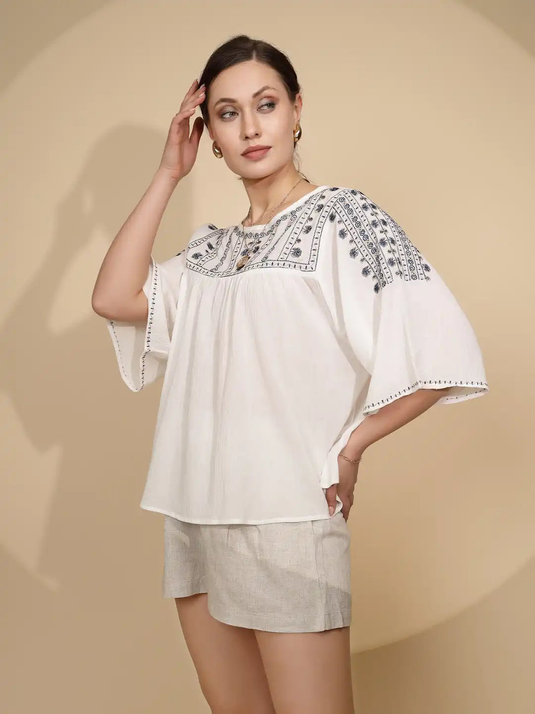 White Embroidered Cotton Loose Top - Global Republic