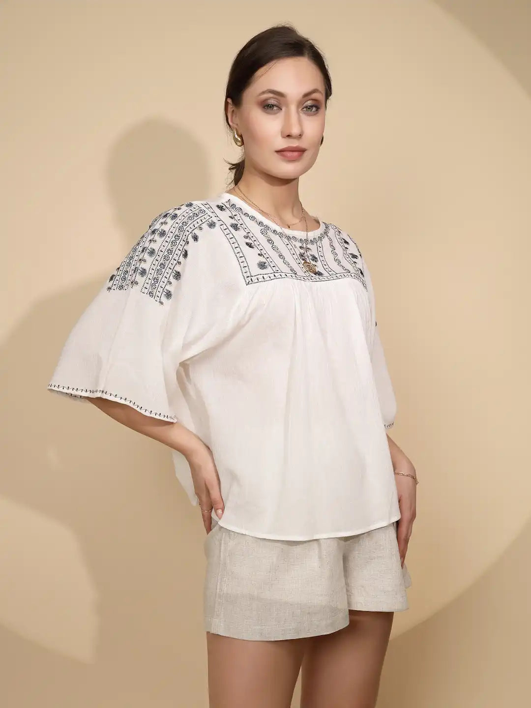 White Embroidered Cotton Loose Top - Global Republic