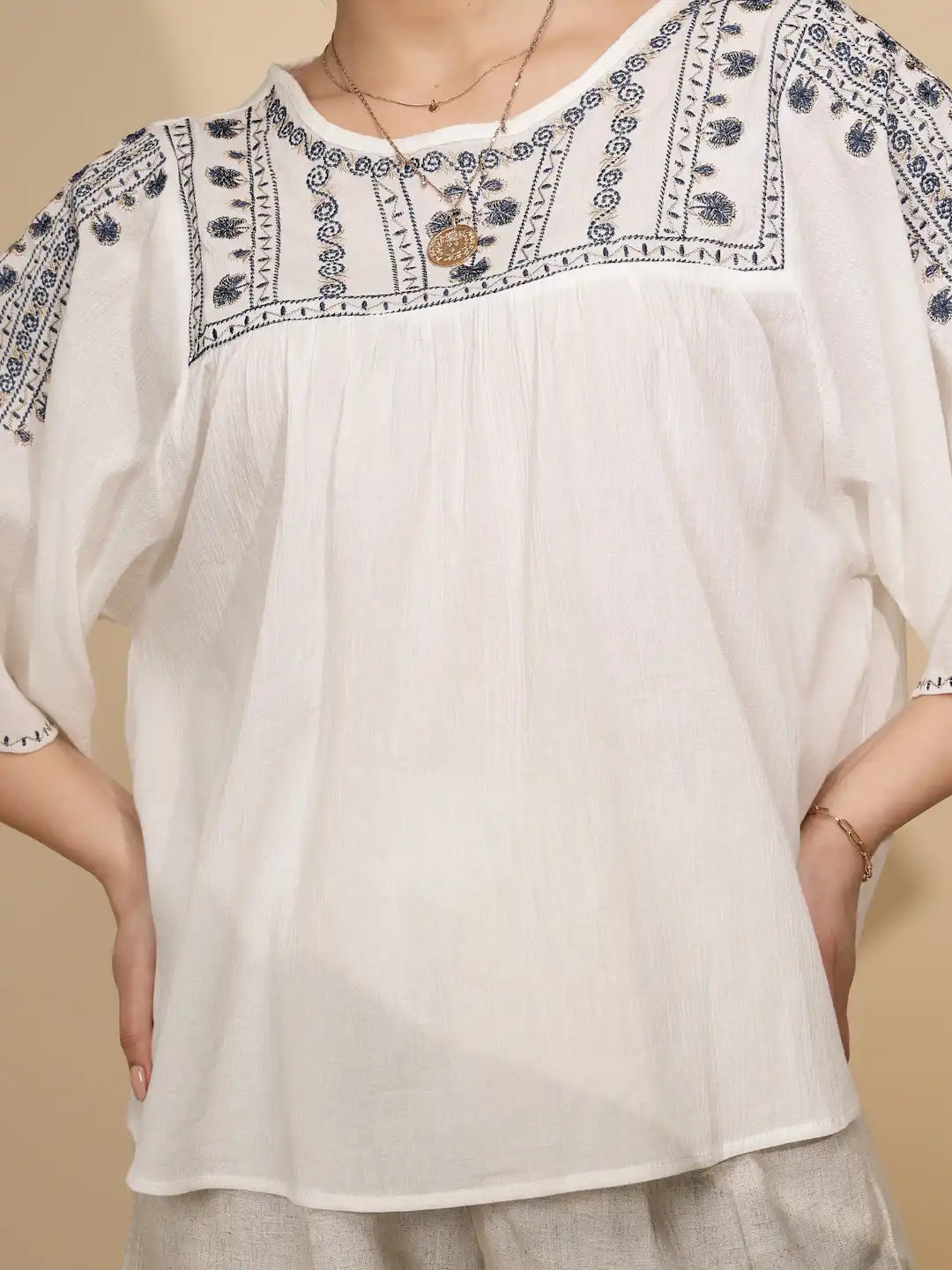 White Embroidered Cotton Loose Top - Global Republic