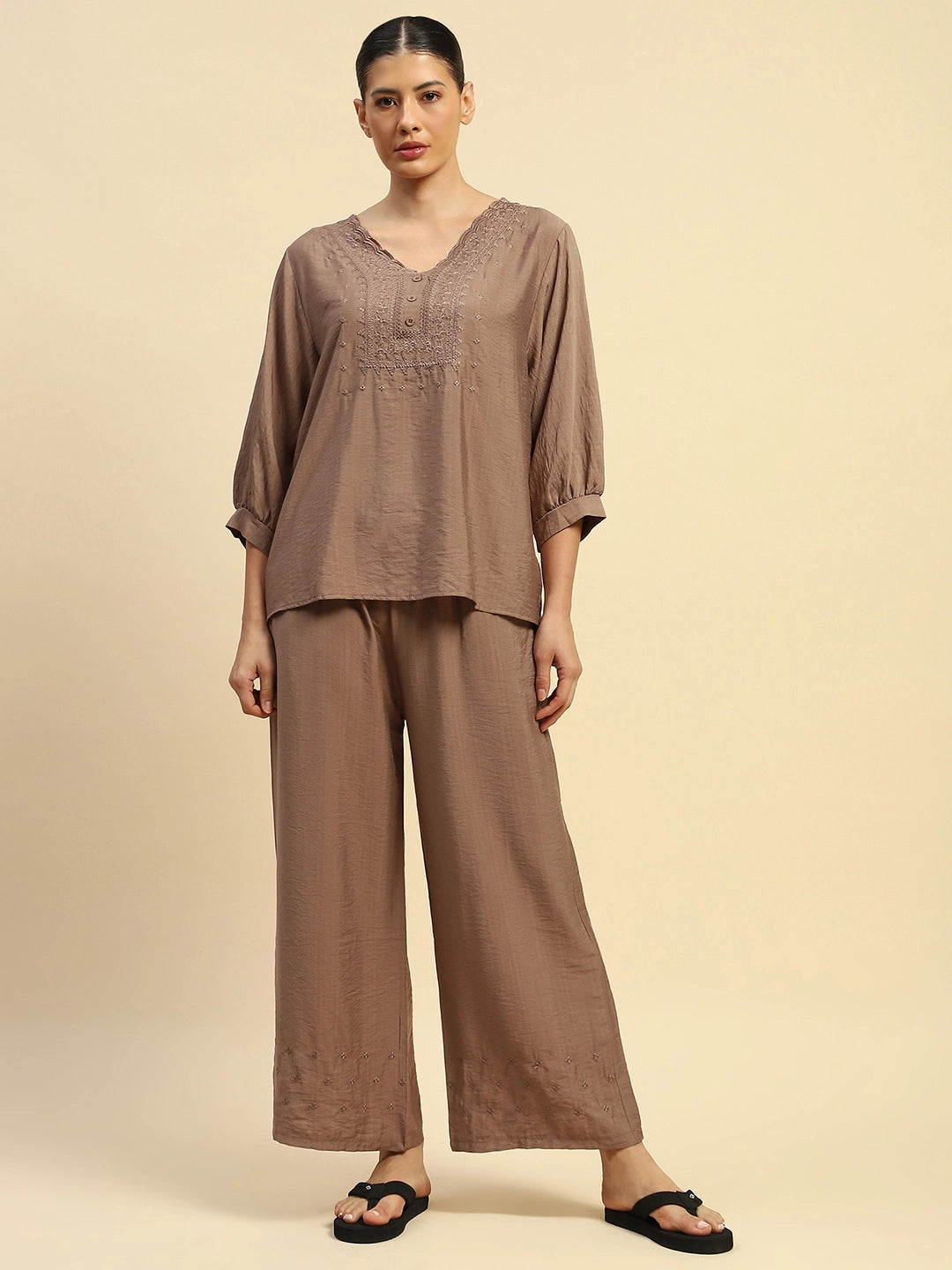 Coffee Rayon Relaxed Fit Night Suit For Women - Global Republic