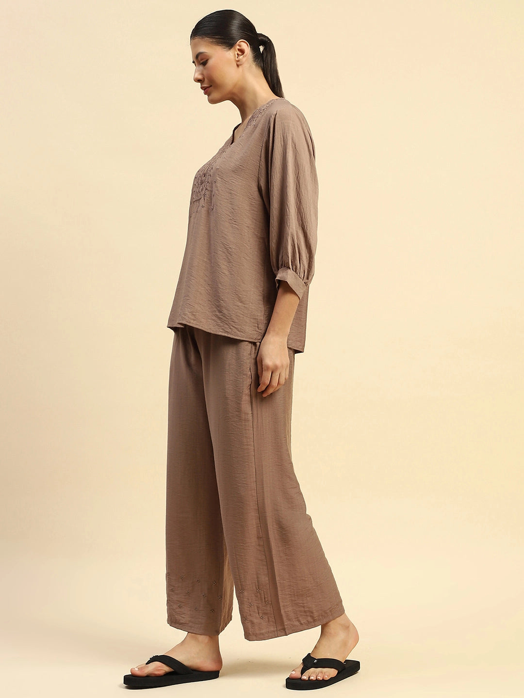 Coffee Rayon Relaxed Fit Night Suit For Women - Global Republic