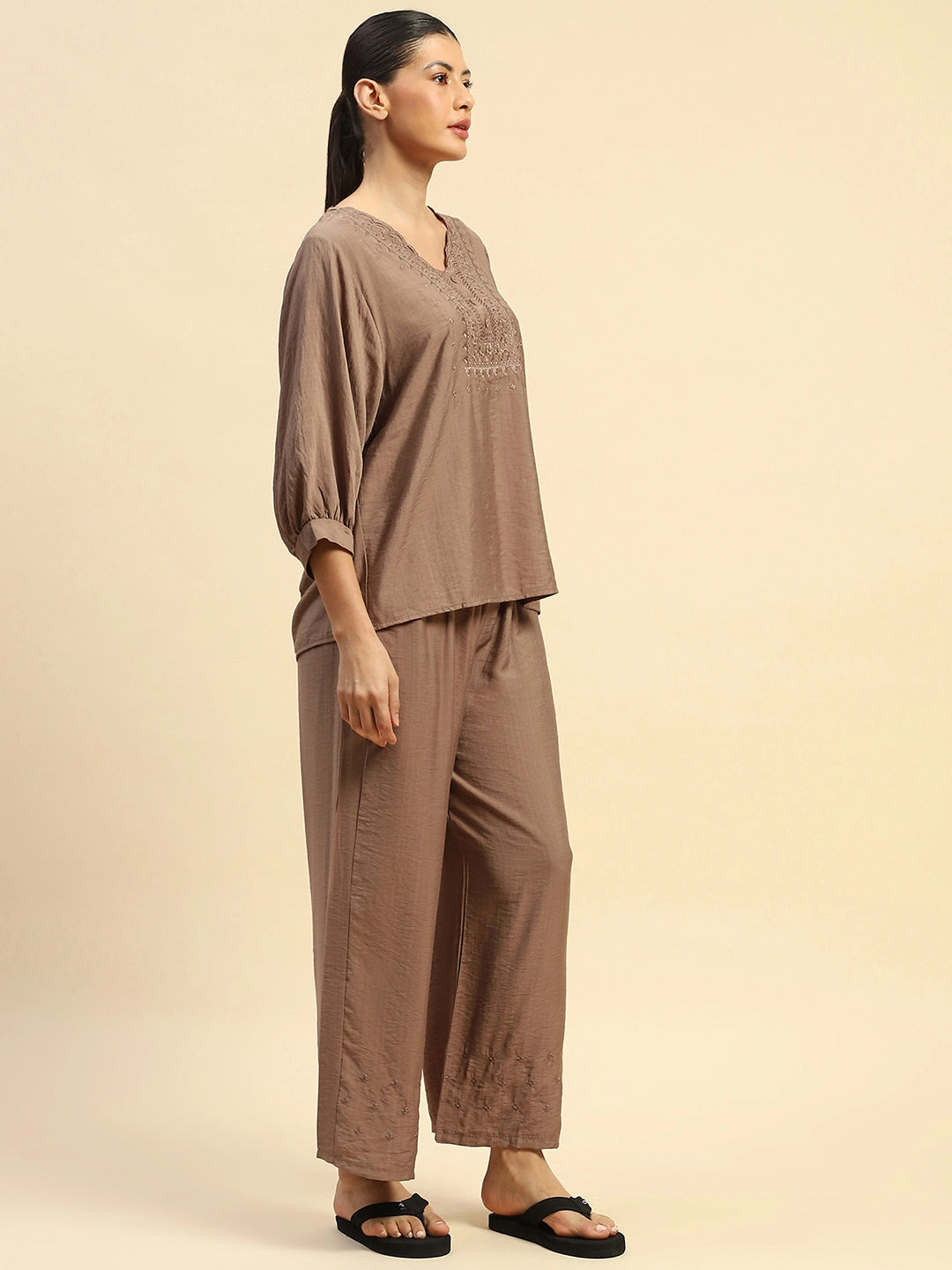 Coffee Rayon Relaxed Fit Night Suit For Women - Global Republic