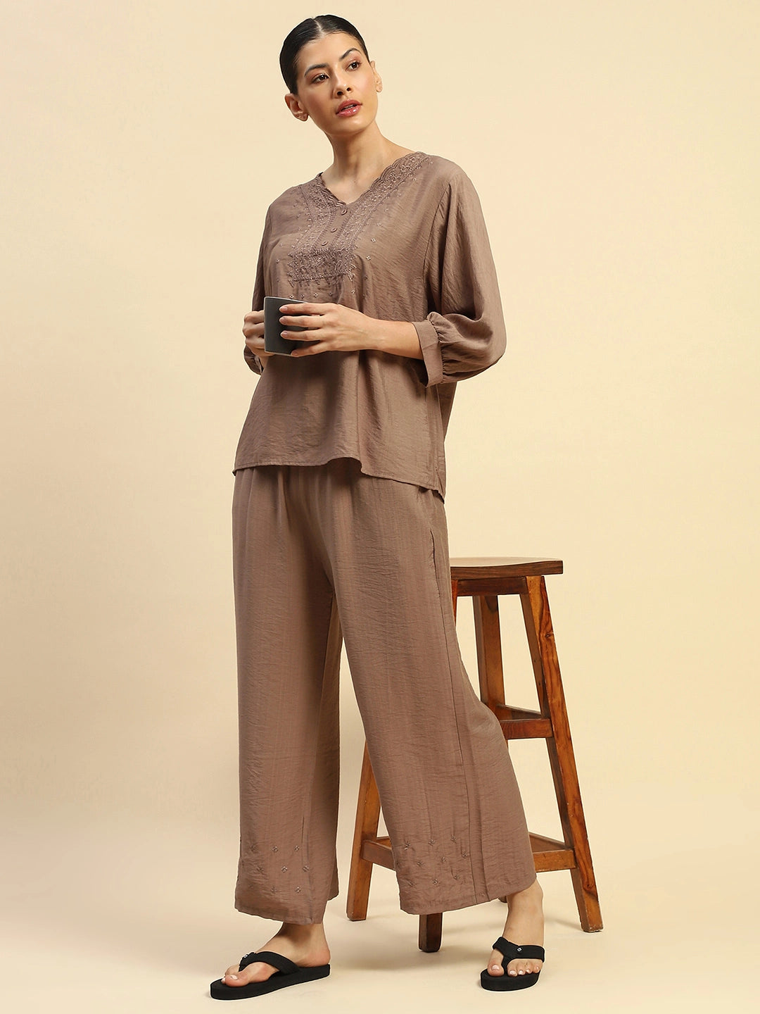 Coffee Rayon Relaxed Fit Night Suit For Women - Global Republic