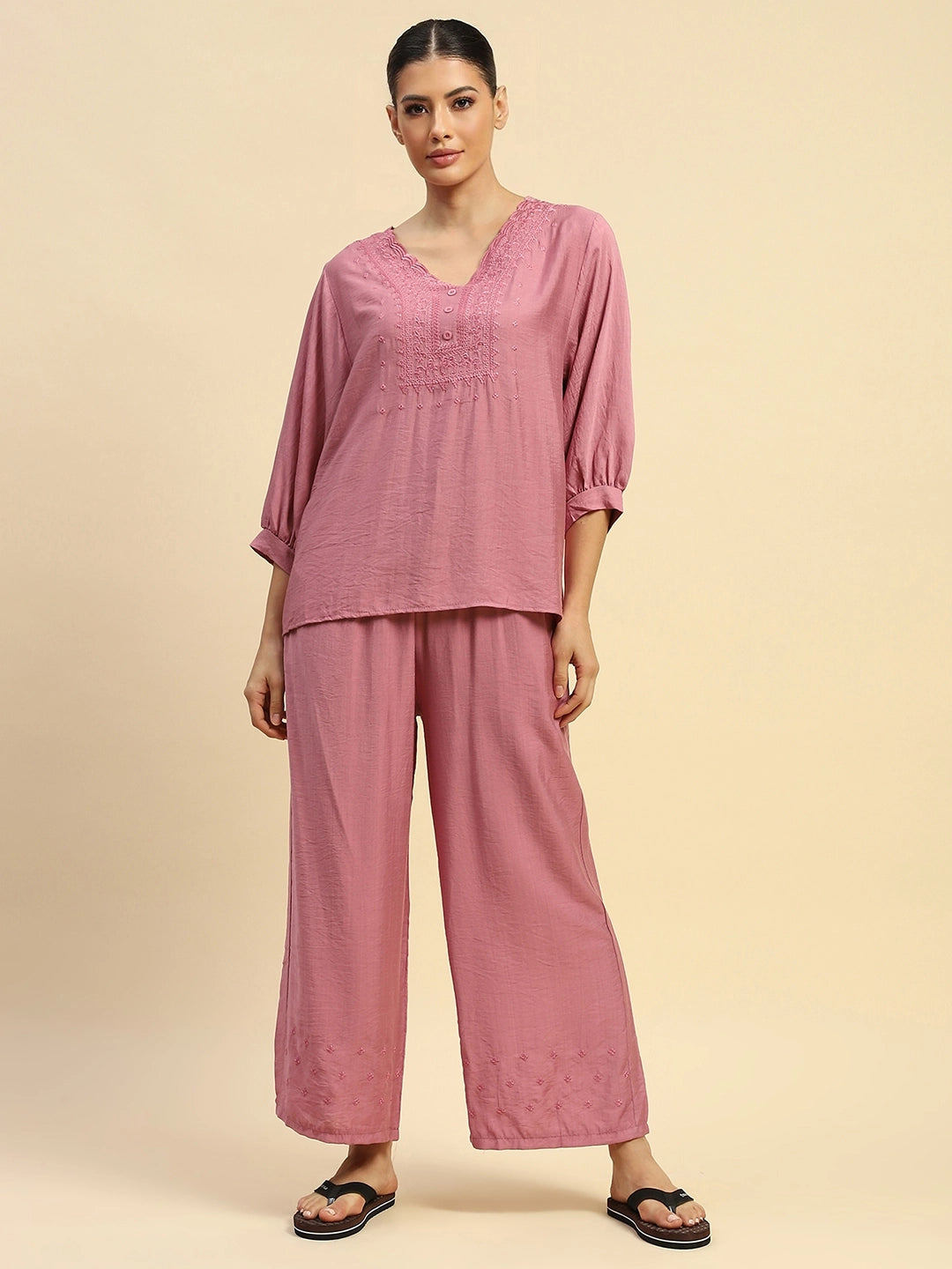 Dusty Pink Rayon Relaxed Fit Nightsuit - Global Republic