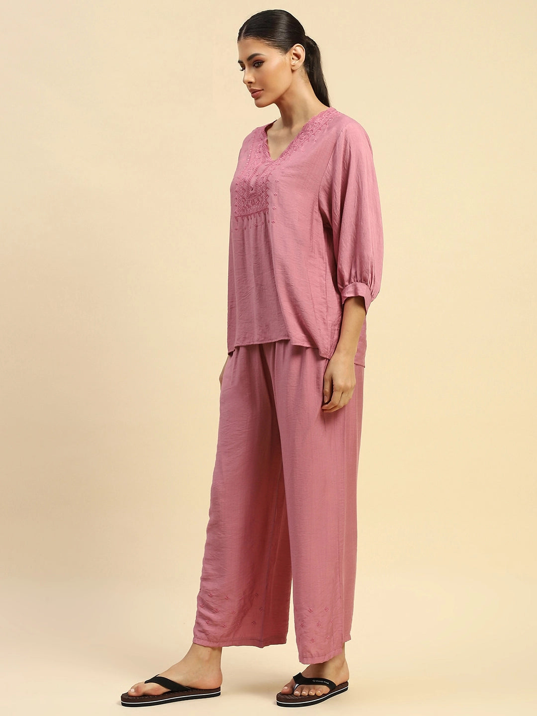 Dusty Pink Rayon Relaxed Fit Nightsuit - Global Republic
