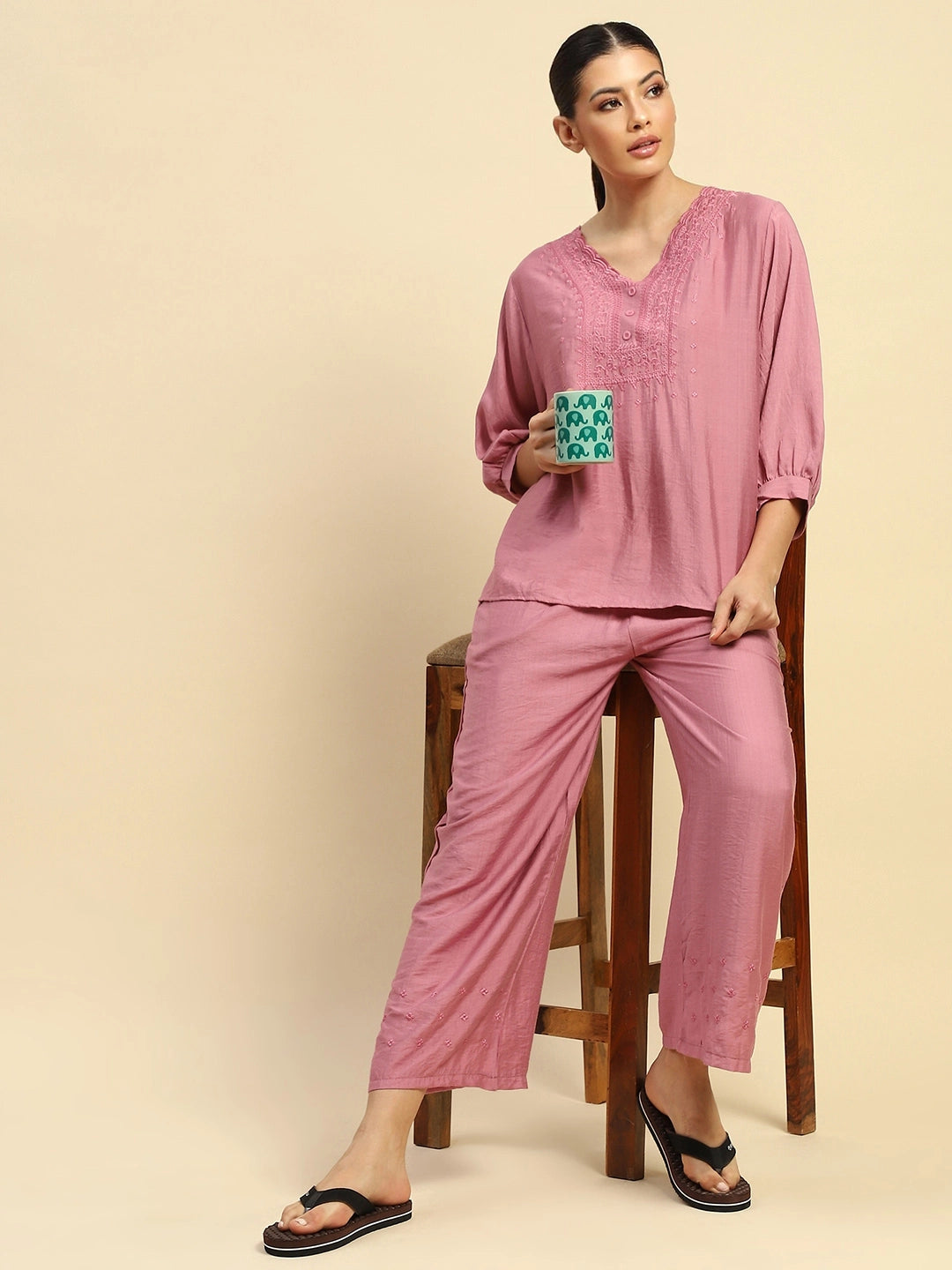 Dusty Pink Rayon Relaxed Fit Nightsuit - Global Republic