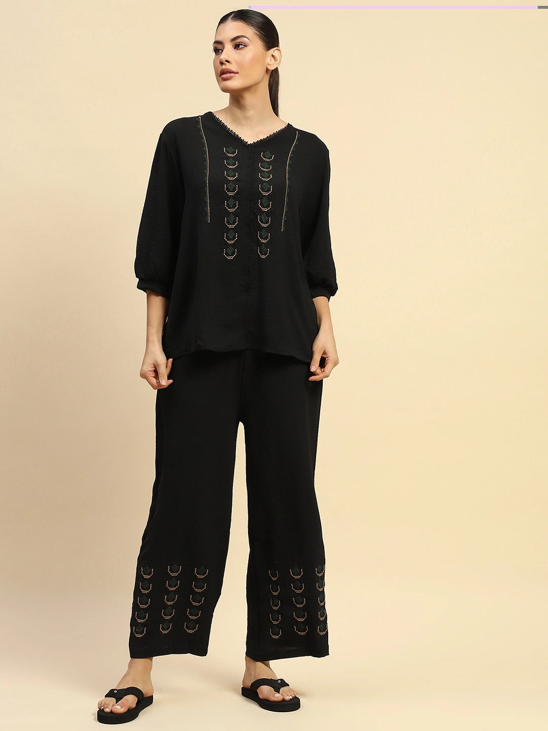 Black Nylon Relaxed Fit Night Suit For Women - Global Republic