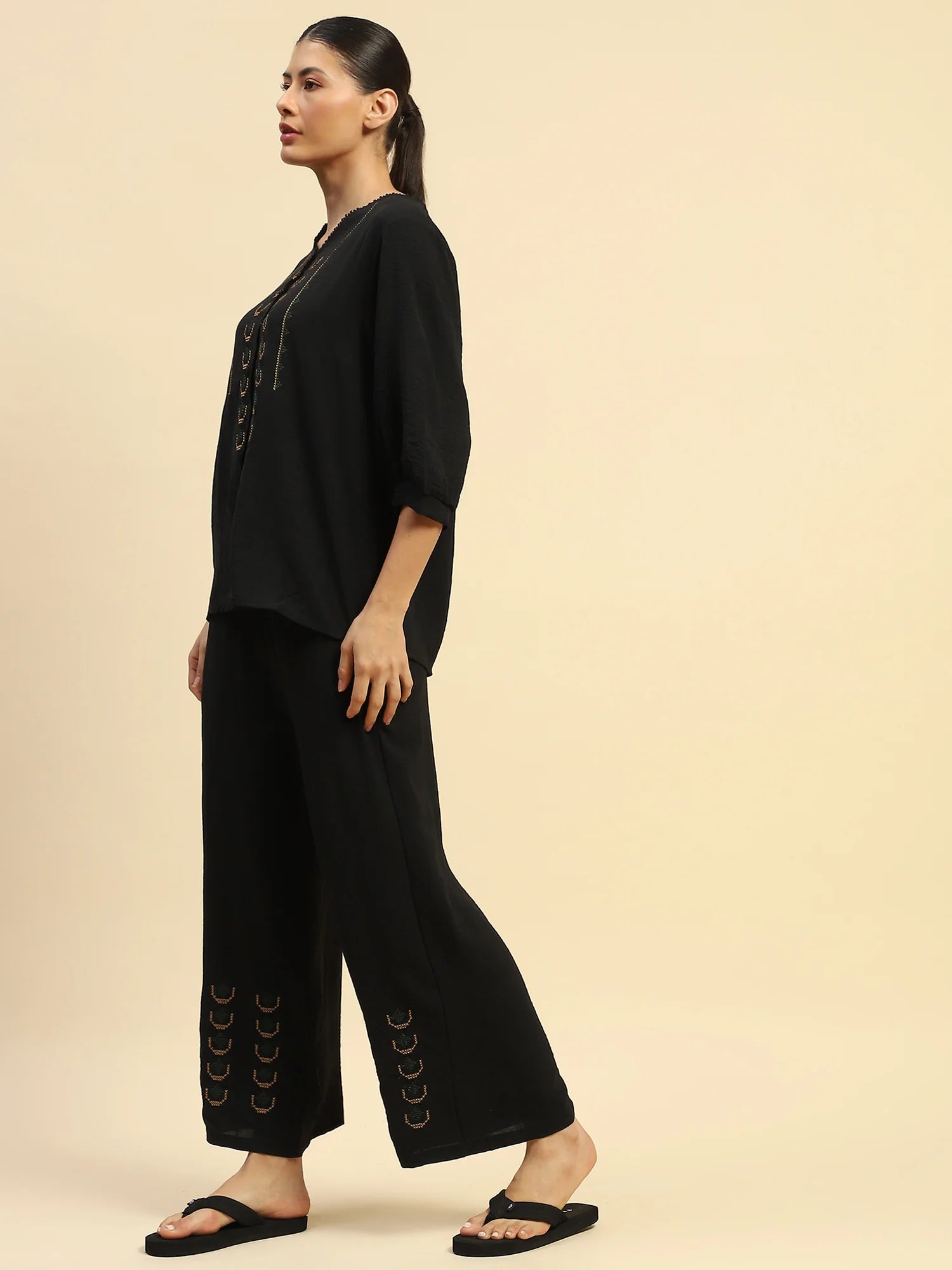 Black Nylon Relaxed Fit Night Suit For Women - Global Republic