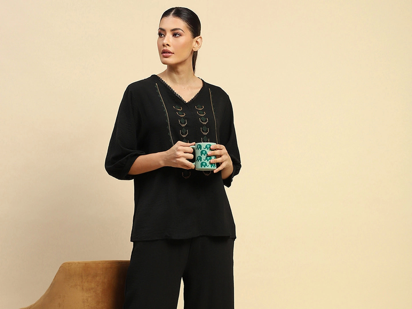 Black Nylon Relaxed Fit Night Suit For Women - Global Republic