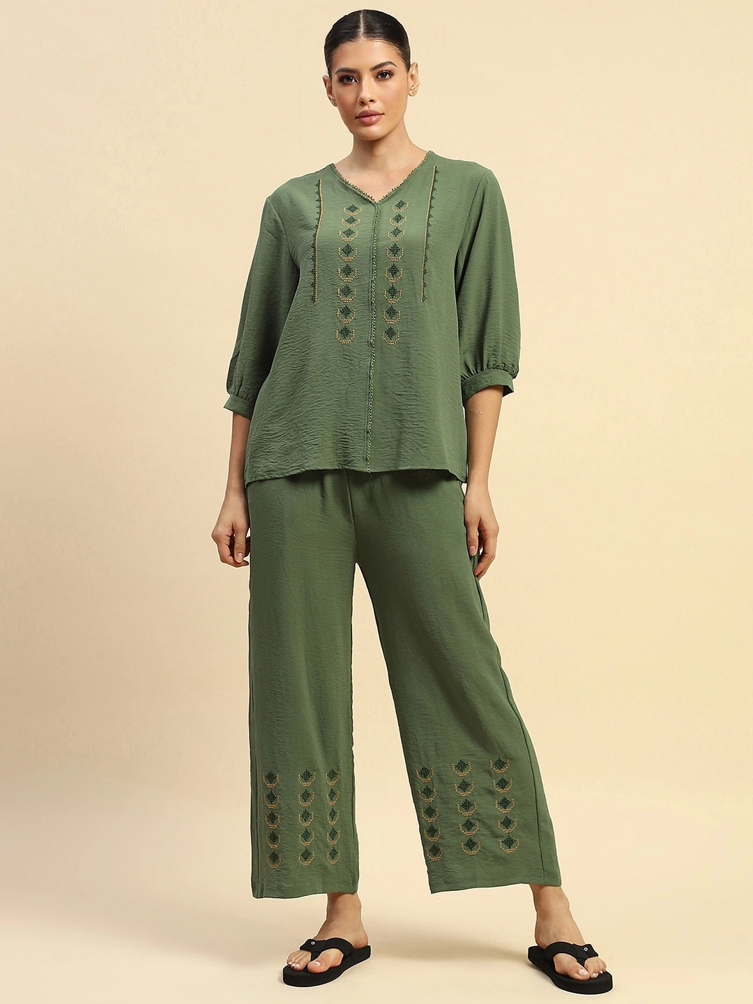Green Rayon Relaxed Fit Nightsuit - Global Republic