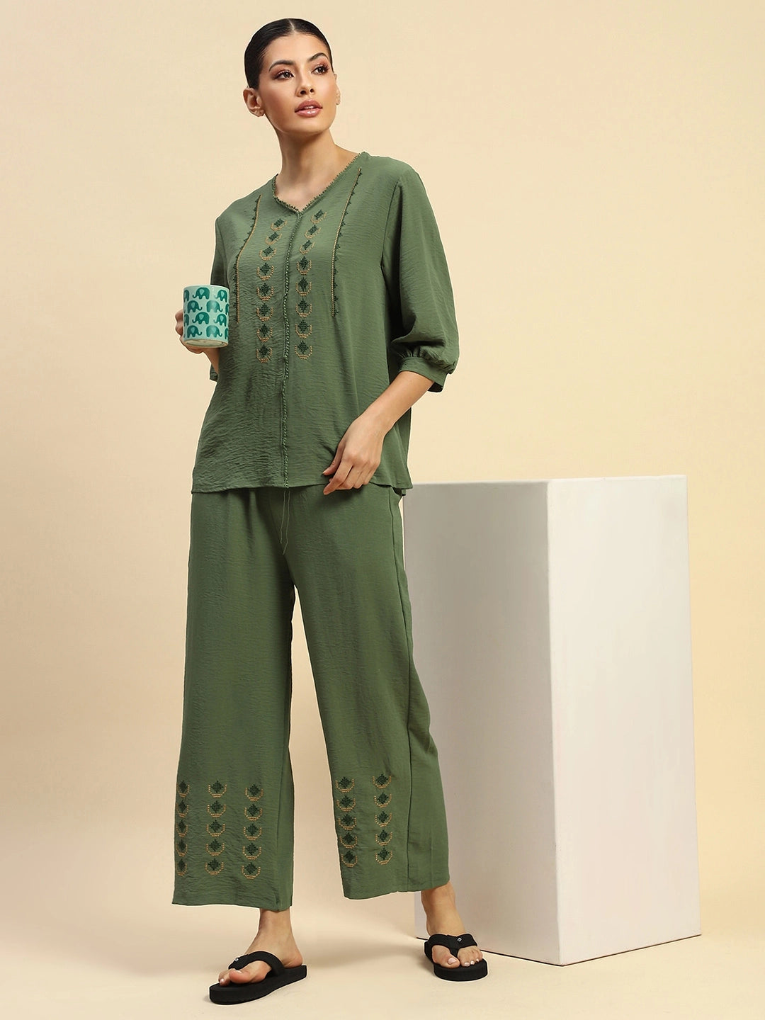 Green Rayon Relaxed Fit Nightsuit - Global Republic