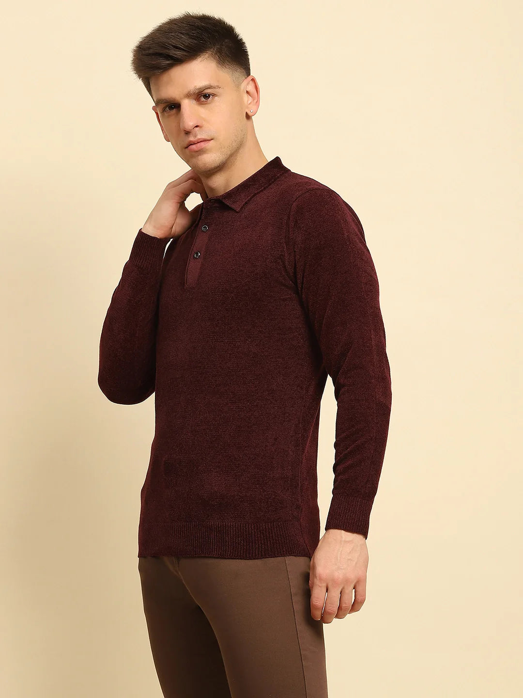 Maroon Velvet Solid Pullover - Global Republic