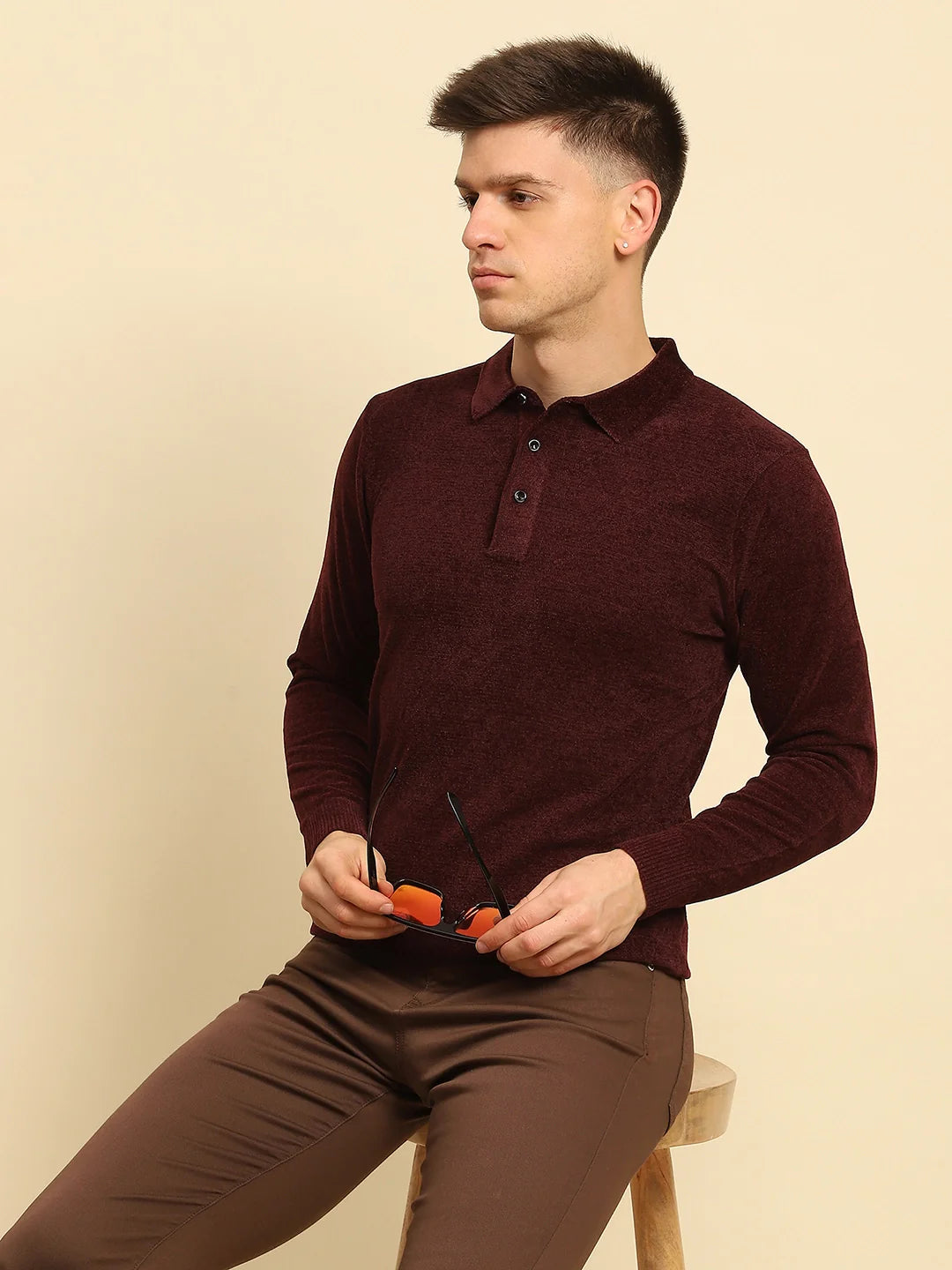 Maroon Velvet Solid Pullover - Global Republic