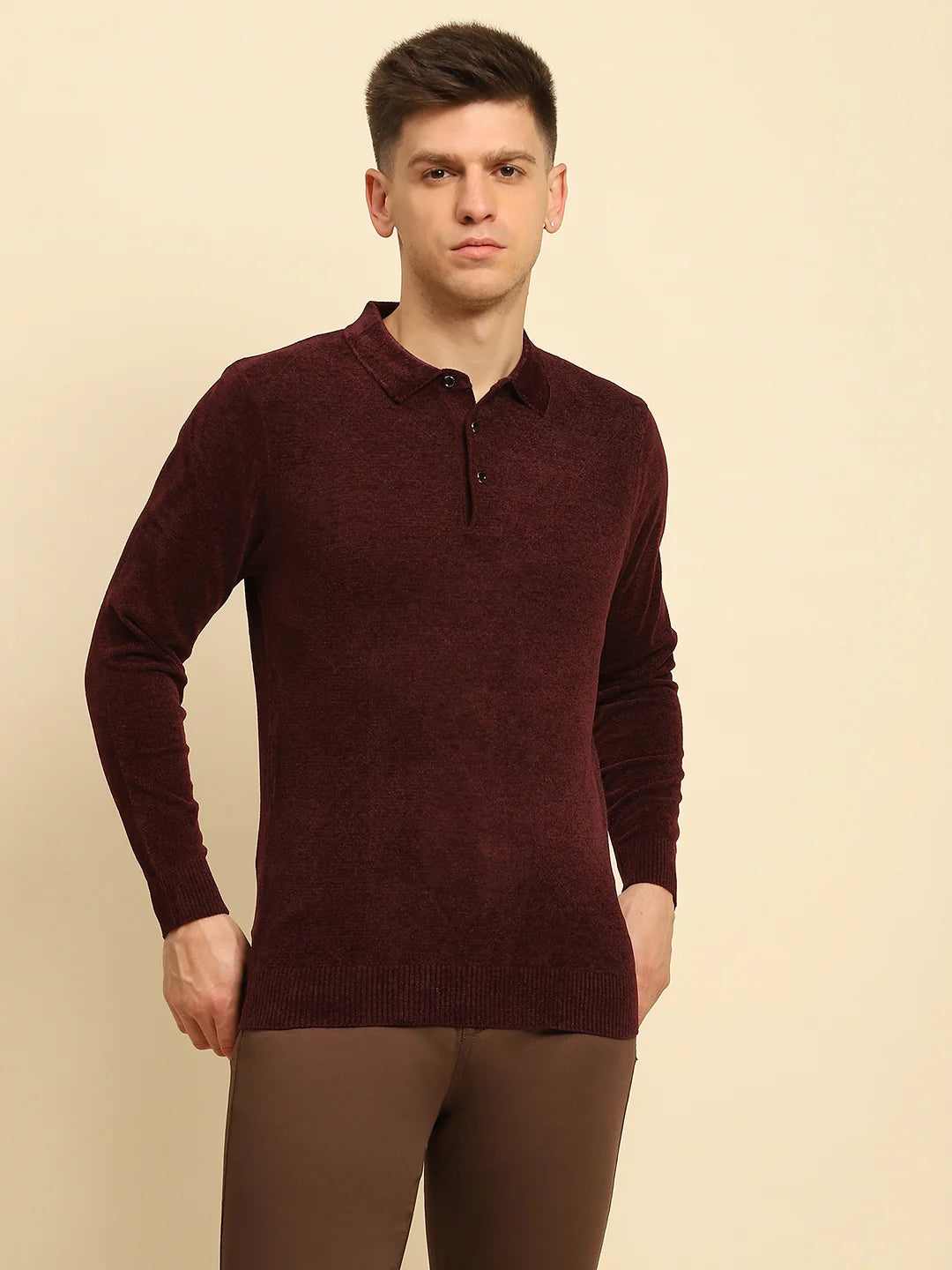 Maroon Velvet Solid Pullover - Global Republic