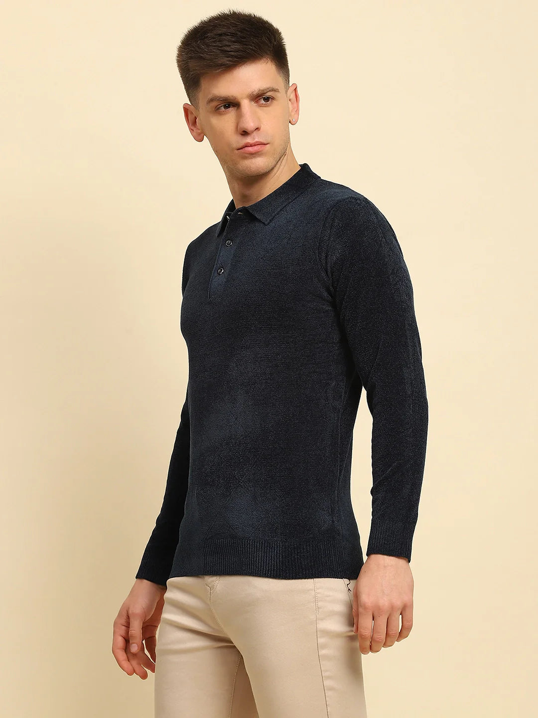 Navy Blue Velvet Blend Solid Regular Fit Pullover - Global Republic