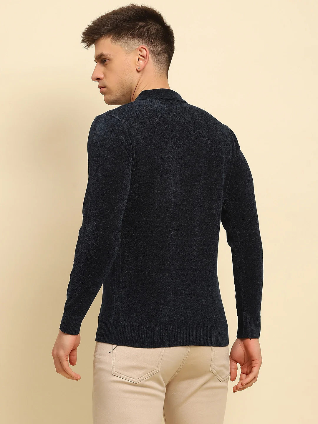 Navy Blue Velvet Blend Solid Regular Fit Pullover - Global Republic