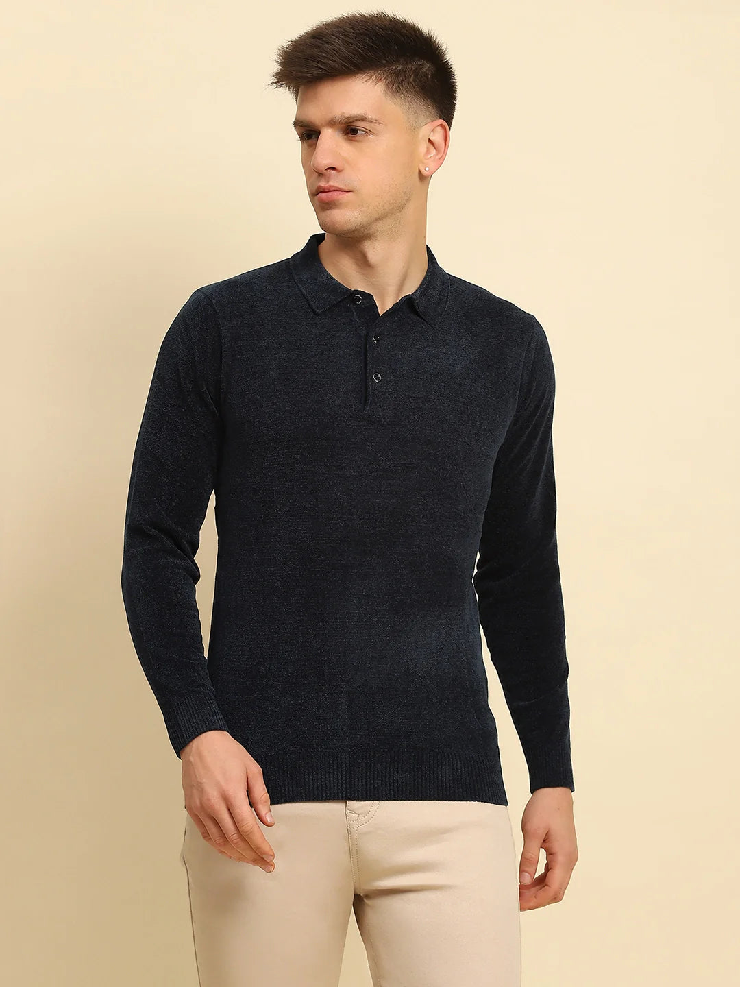 Navy Blue Velvet Blend Solid Regular Fit Pullover - Global Republic