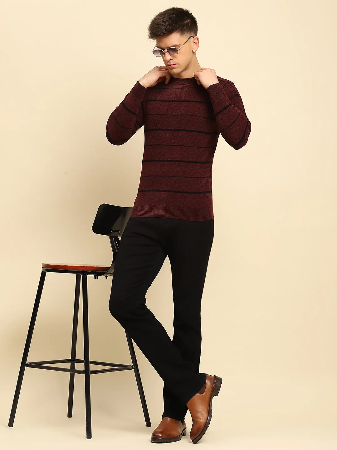 Maroon Velvet Blend Striped Pullover - Global Republic