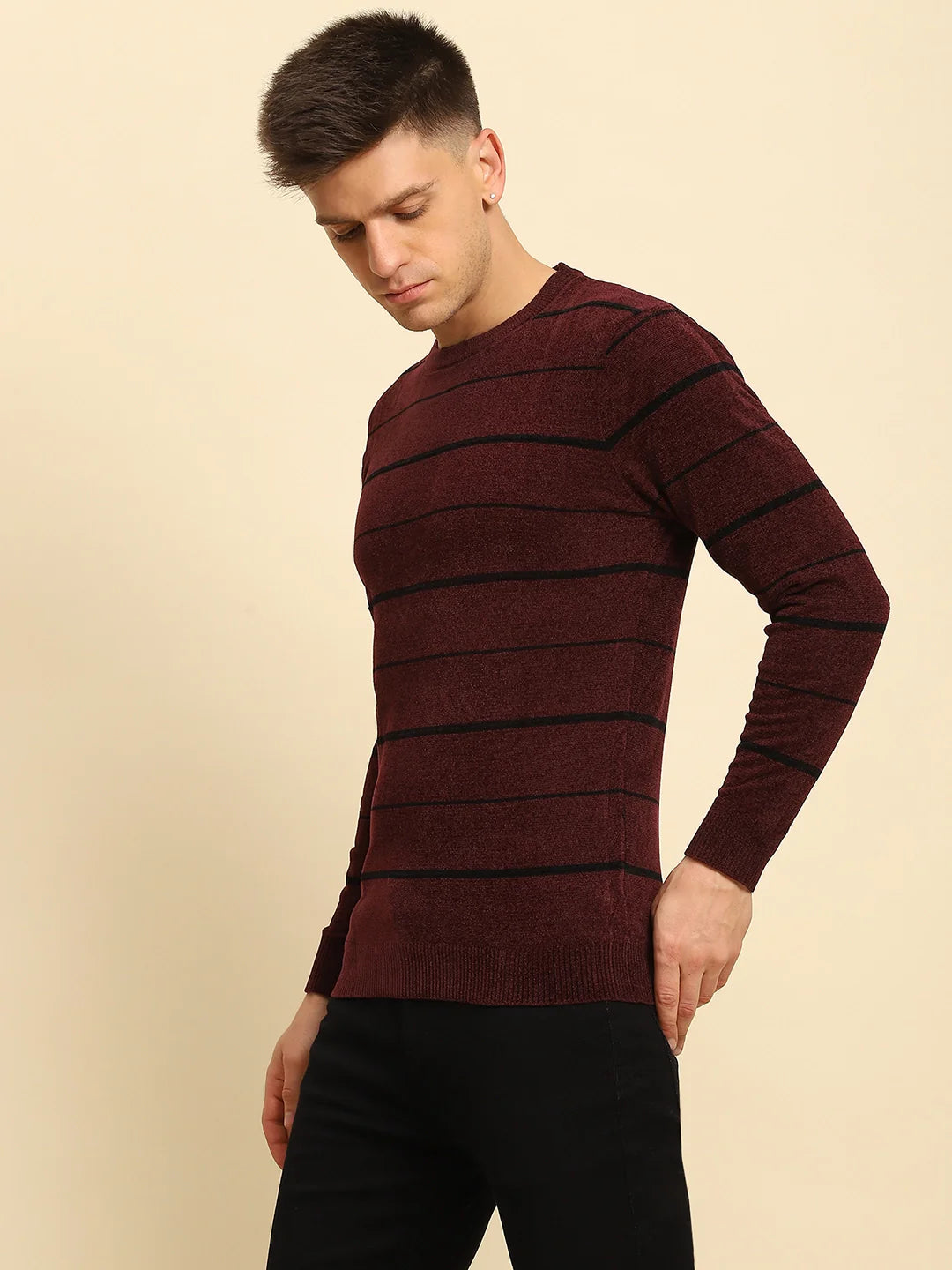 Maroon Velvet Blend Striped Pullover - Global Republic