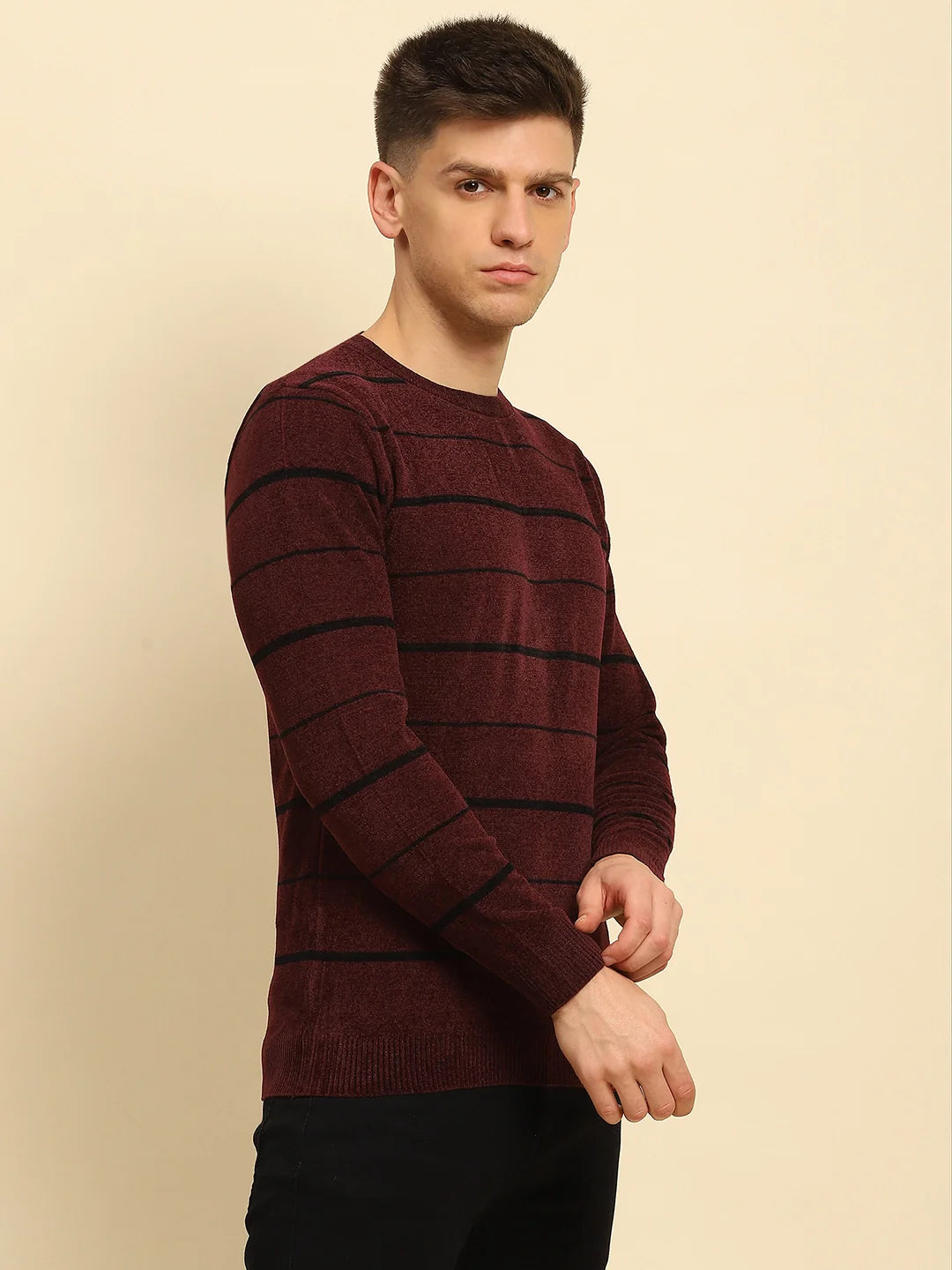 Maroon Velvet Blend Striped Pullover - Global Republic