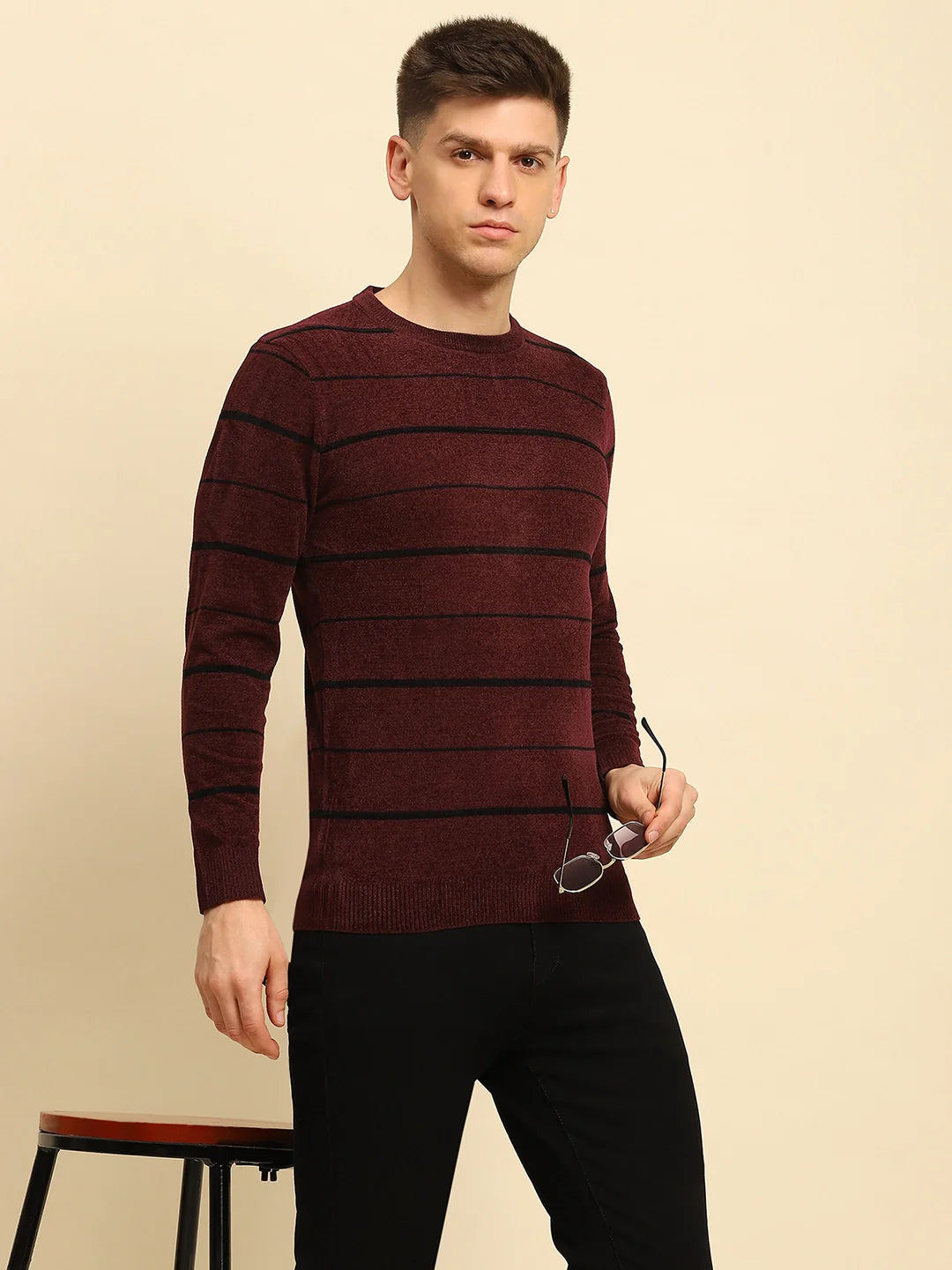 Maroon Velvet Blend Striped Pullover - Global Republic