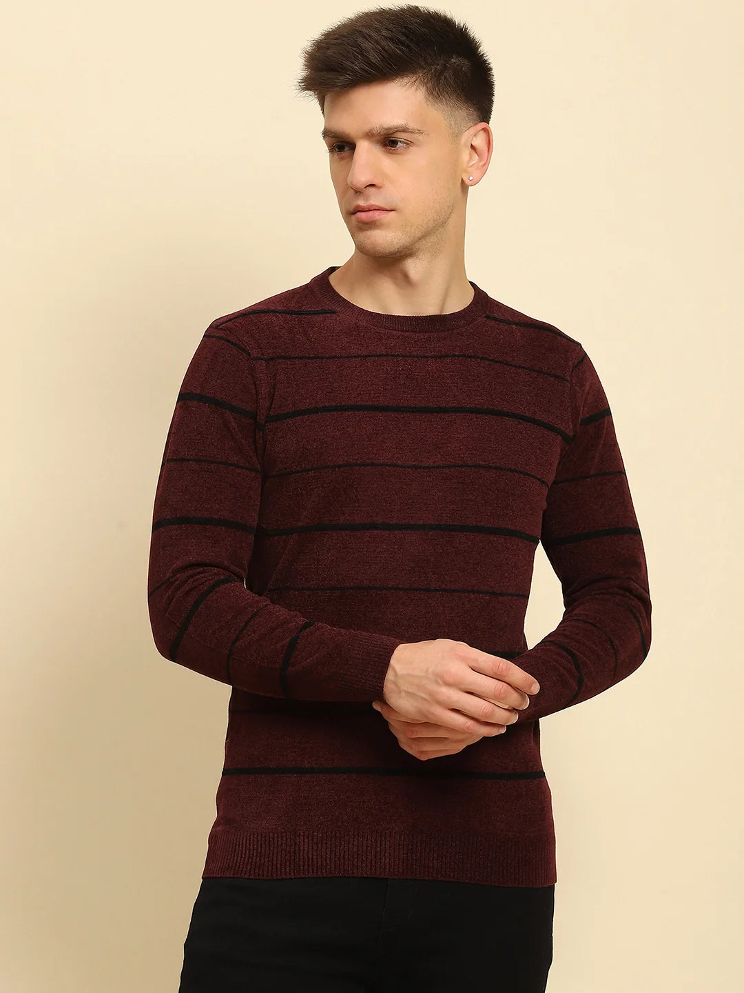 Maroon Velvet Blend Striped Pullover - Global Republic