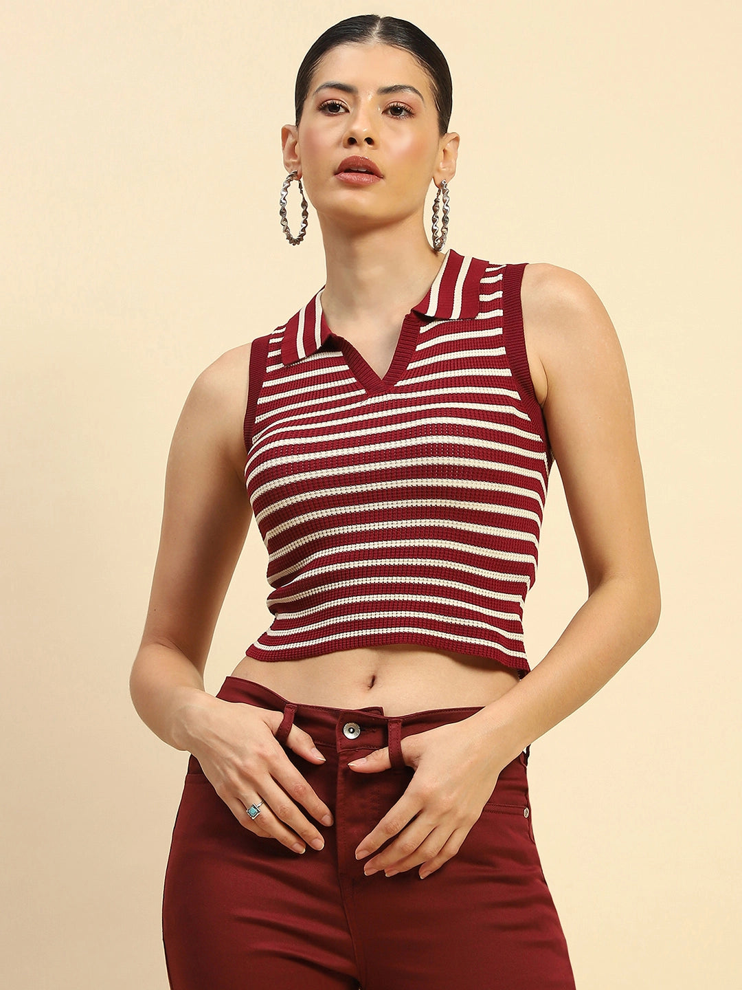 Wine Viscose Slim Fit Crop Top For Women - Global Republic