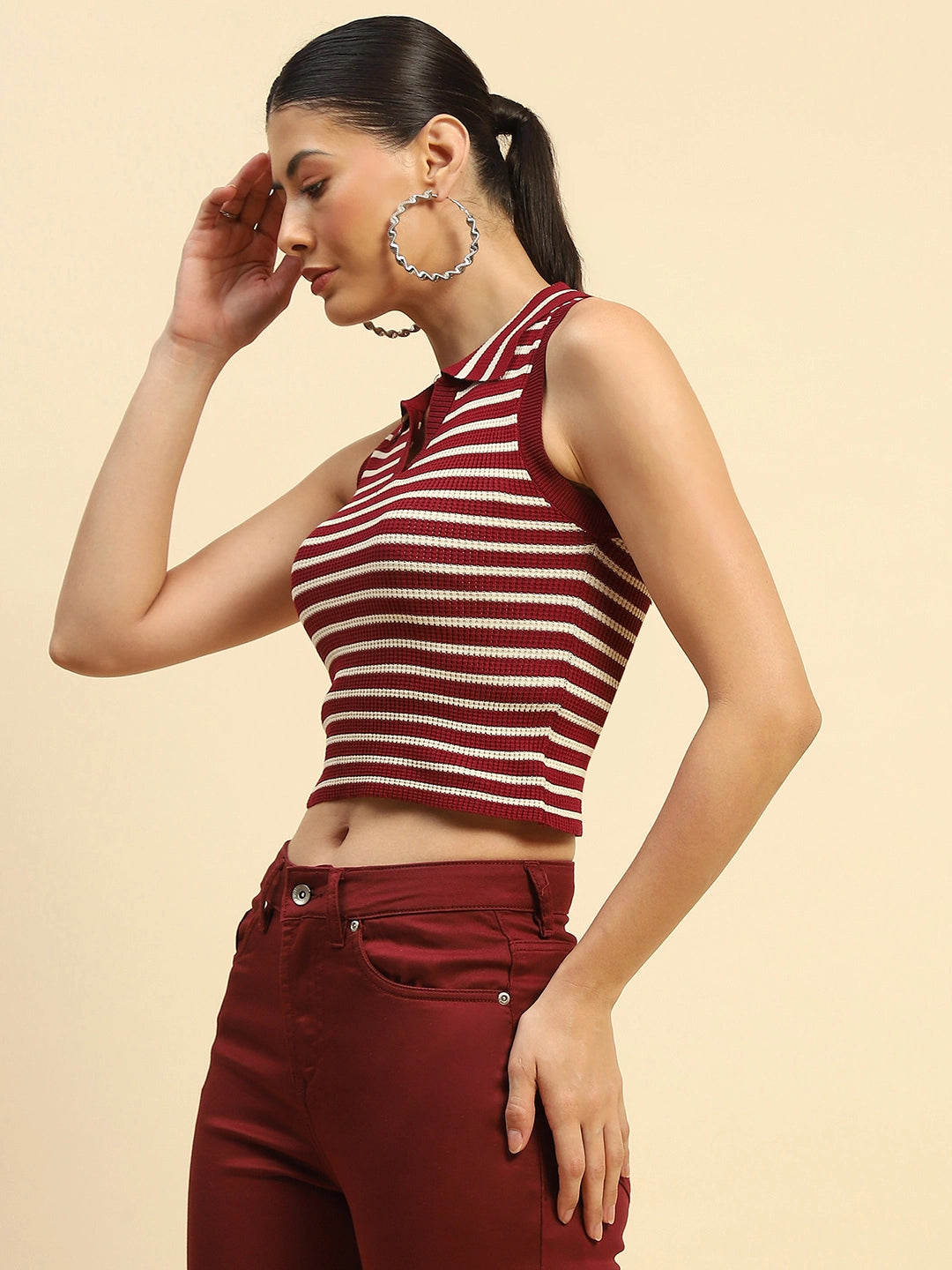 Wine Viscose Slim Fit Crop Top For Women - Global Republic