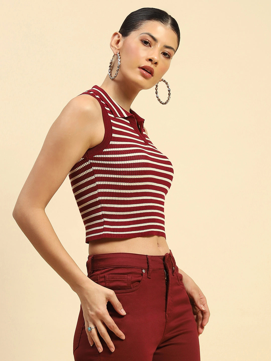 Wine Viscose Slim Fit Crop Top For Women - Global Republic