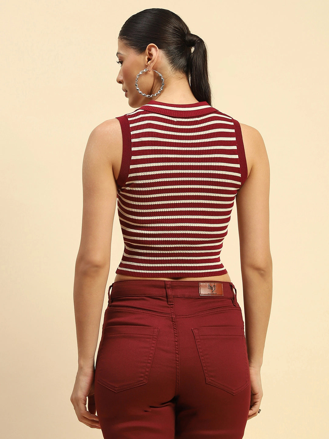 Wine Viscose Slim Fit Crop Top For Women - Global Republic