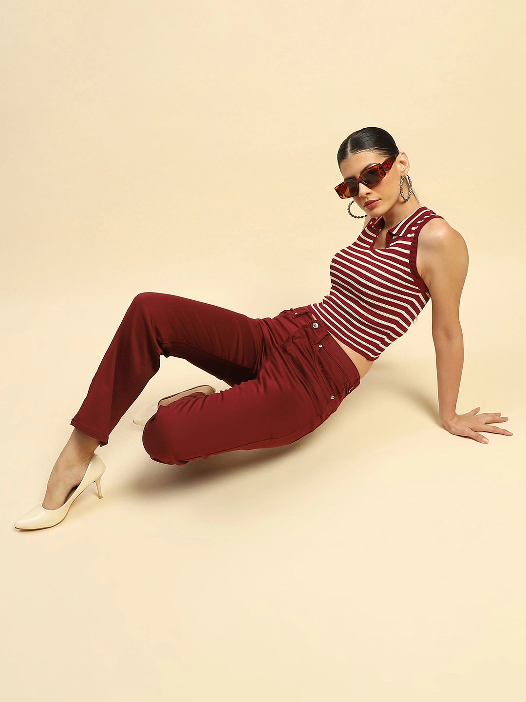 Wine Viscose Slim Fit Crop Top For Women - Global Republic