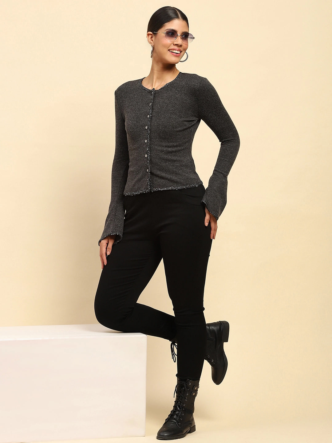 Grey Sequined Cardigan - Global Republic