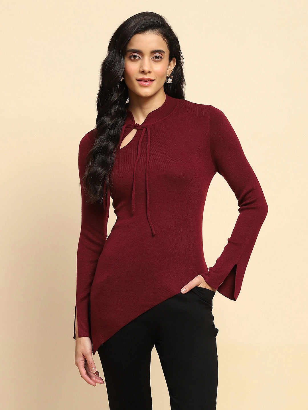 Maroon Acrylic Blend Winter Top - Global Republic