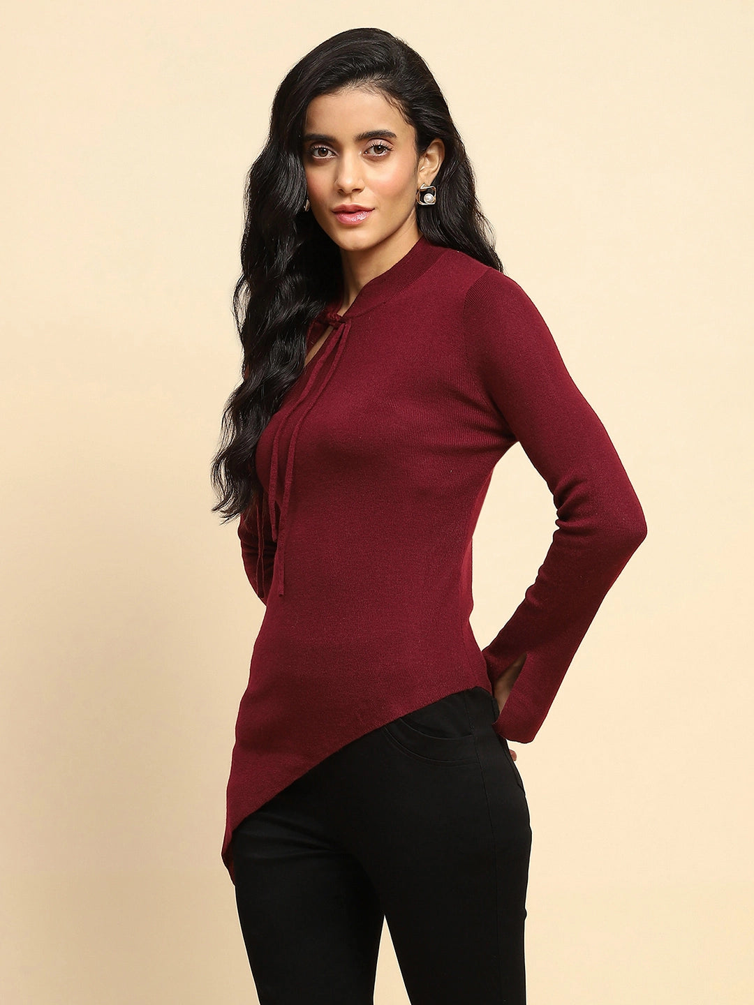 Maroon Acrylic Blend Winter Top - Global Republic