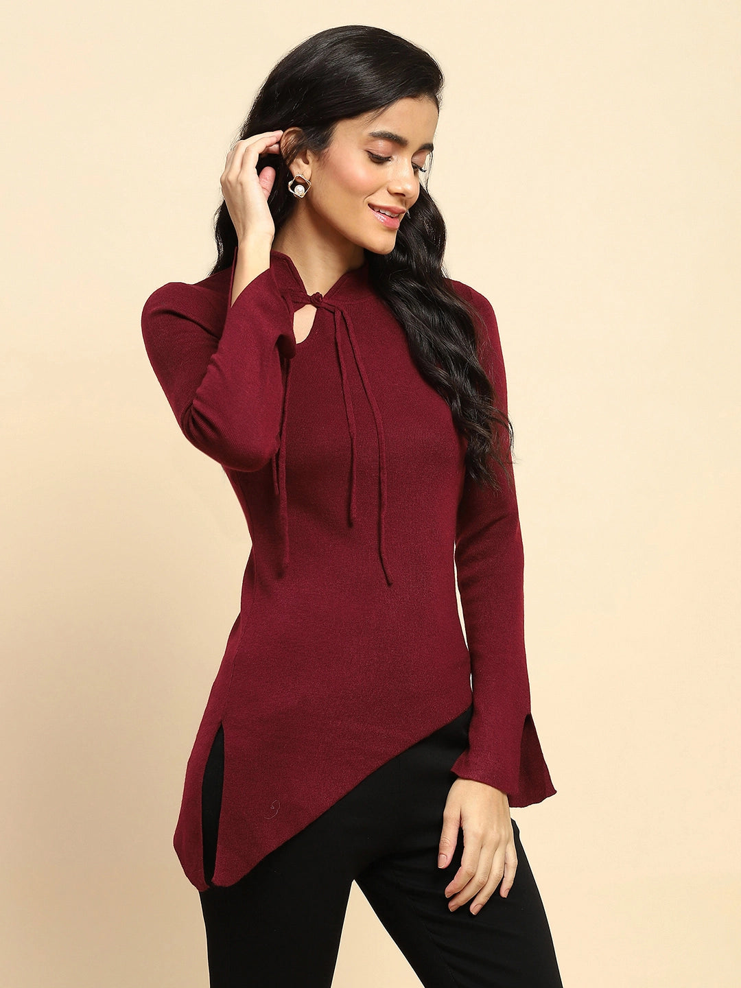 Maroon Acrylic Blend Winter Top - Global Republic