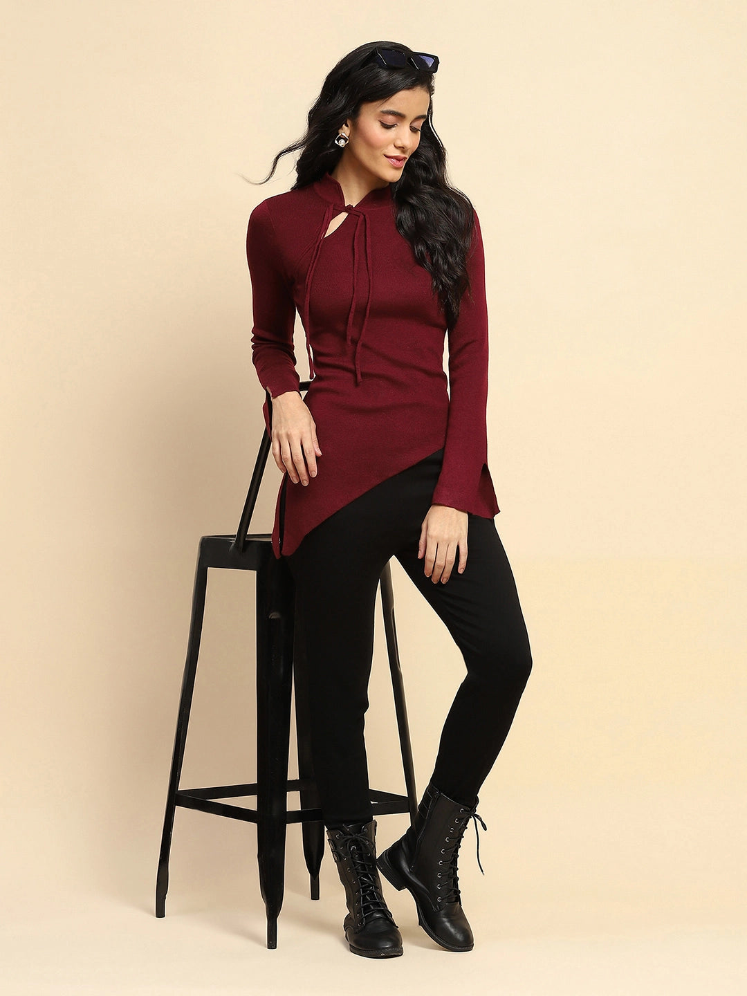 Maroon Acrylic Blend Winter Top - Global Republic